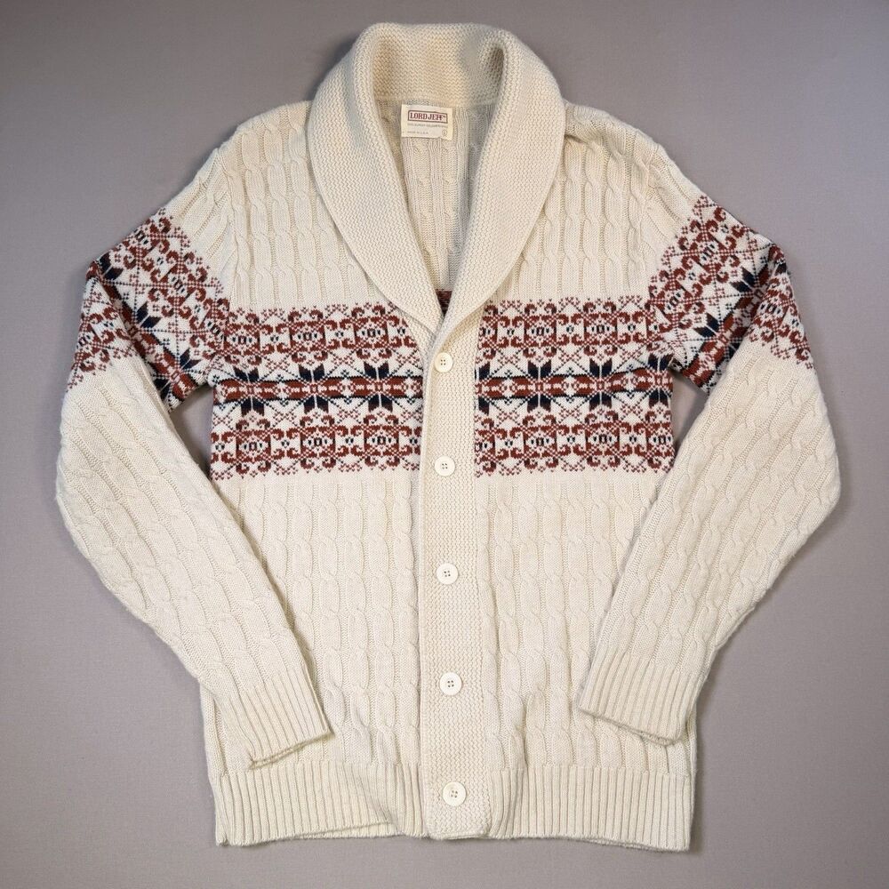 Vintage Lord Jeff Cardigan Sweater Cable Knit Size L Fair Isle Nordic USA 80s